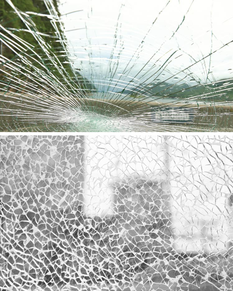 ภาพ: กระจกติดฟิล์มนิรภัย เมื่อถูกของกระแทกจะยังคงรูปเป็นแผ่นดังเดิมเช่นเดียวกัน