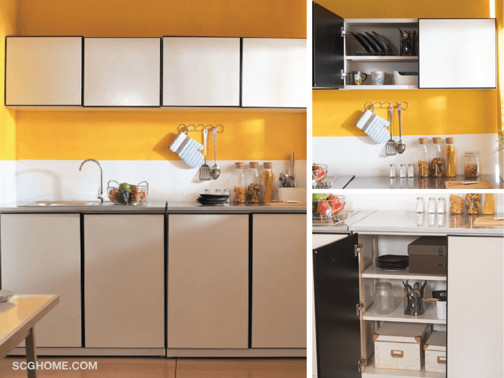 ภาพ: จัดเก็บของใช้ในครัวด้วยเคาน์เตอร์ครัวบานเปิดและเคาน์เตอร์ครัวแบบแขวน