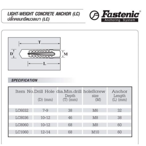 พุกอิฐมวลเบา FASTENIC รุ่น LC-6032 ขนาด 8.0×32 มม.
