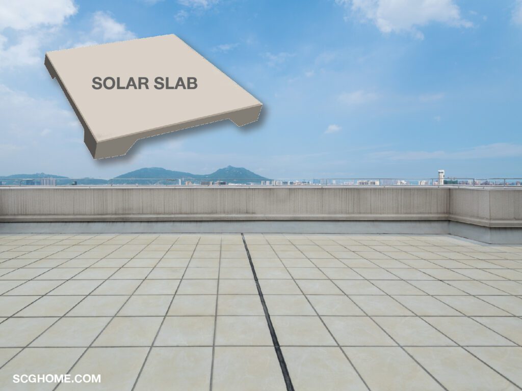 ภาพ: ปูกระเบื้อง SOLAR SLAB บนพื้นดาดฟ้าช่วยระบายความร้อนและป้องกันความร้อนไม่ให้โดนพื้นผิวดาดฟ้าโดยตรง