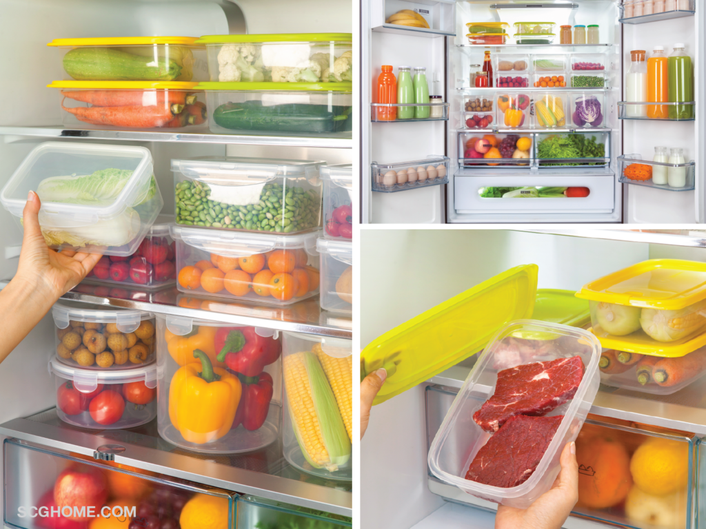 ภาพ: ตู้เย็นที่จัดระเบียบด้วยกล่องพลาสติกแยกไว้จัดเจน หยิบใช้งานง่าย