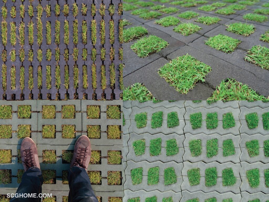 ภาพ: ติดตั้งบล็อกปูพื้นหลากหลายรูปทรงที่สามารถปลูกหญ้าแซมได้ ดูนุ่มนวลสบายตา